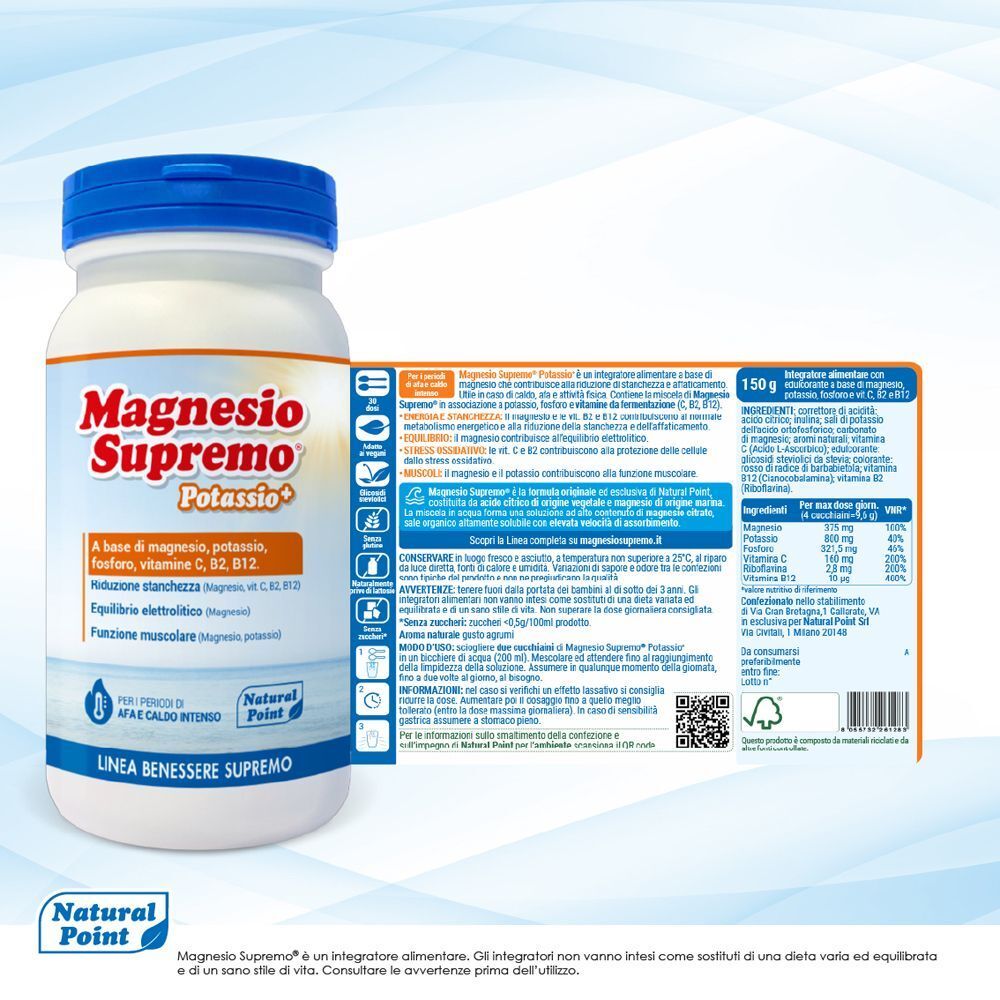 Contenitore Magnesio Supremo Potassio+ accanto a una scheda informativa nutrizionale.