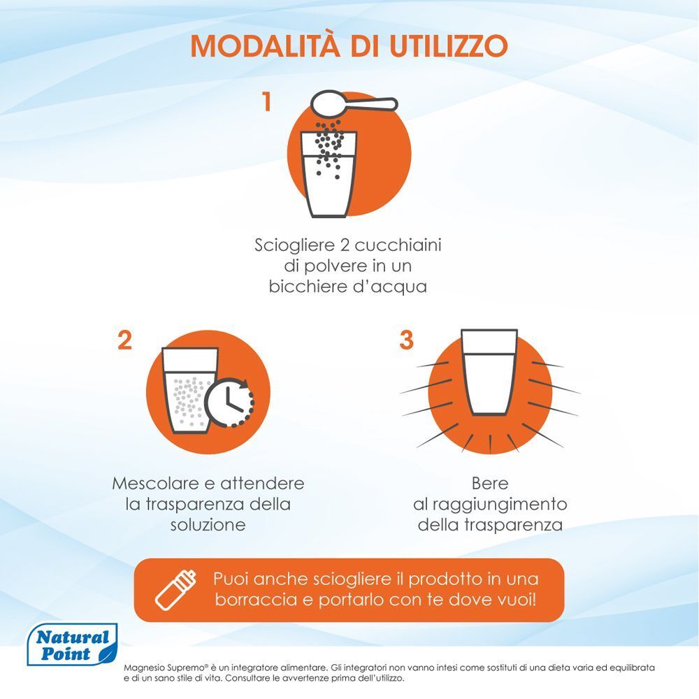 Istruzioni d'uso: sciogliere la polvere in acqua, mescolare, bere.