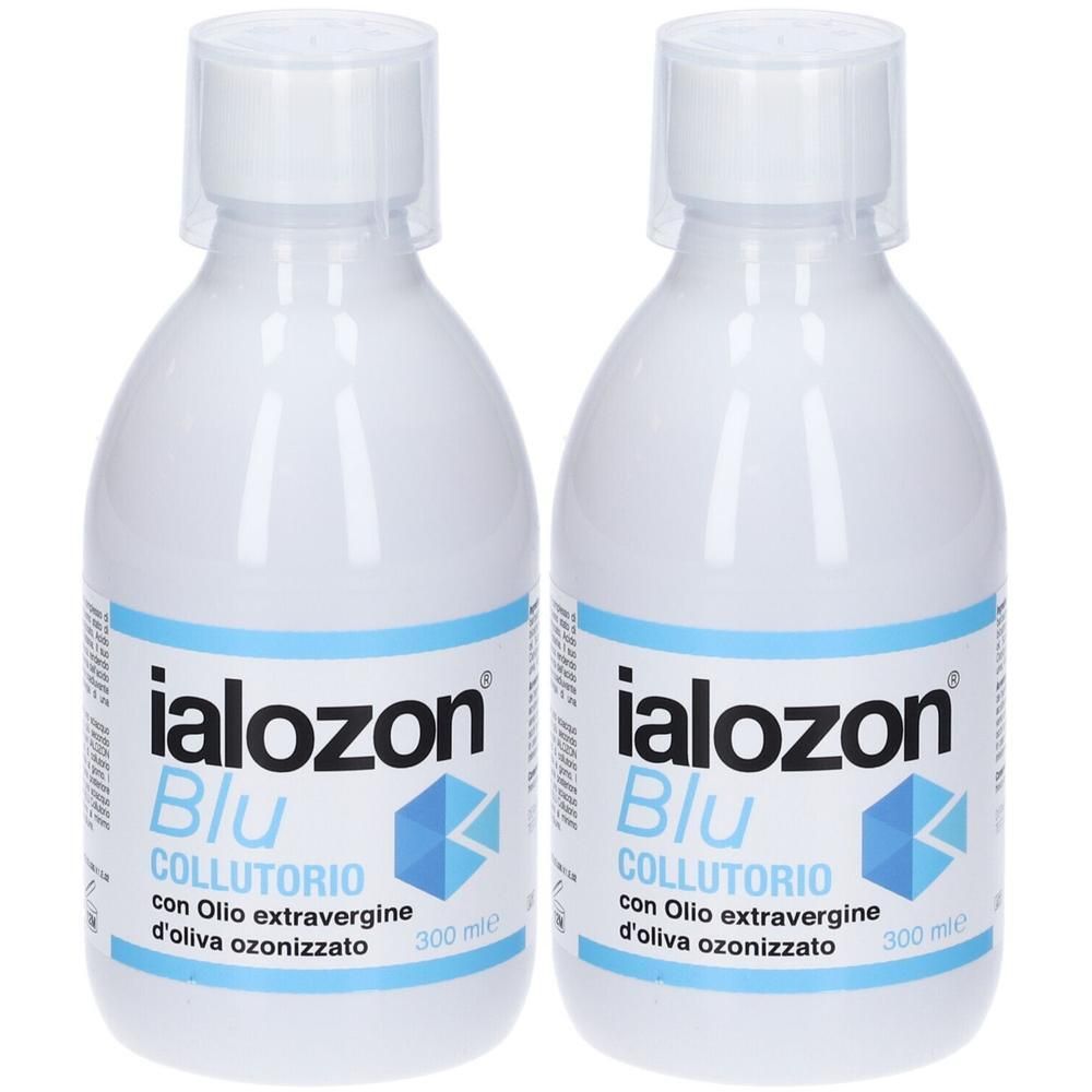 Due flaconi di collutorio Ialozon Blu, da 300 ml ciascuno.