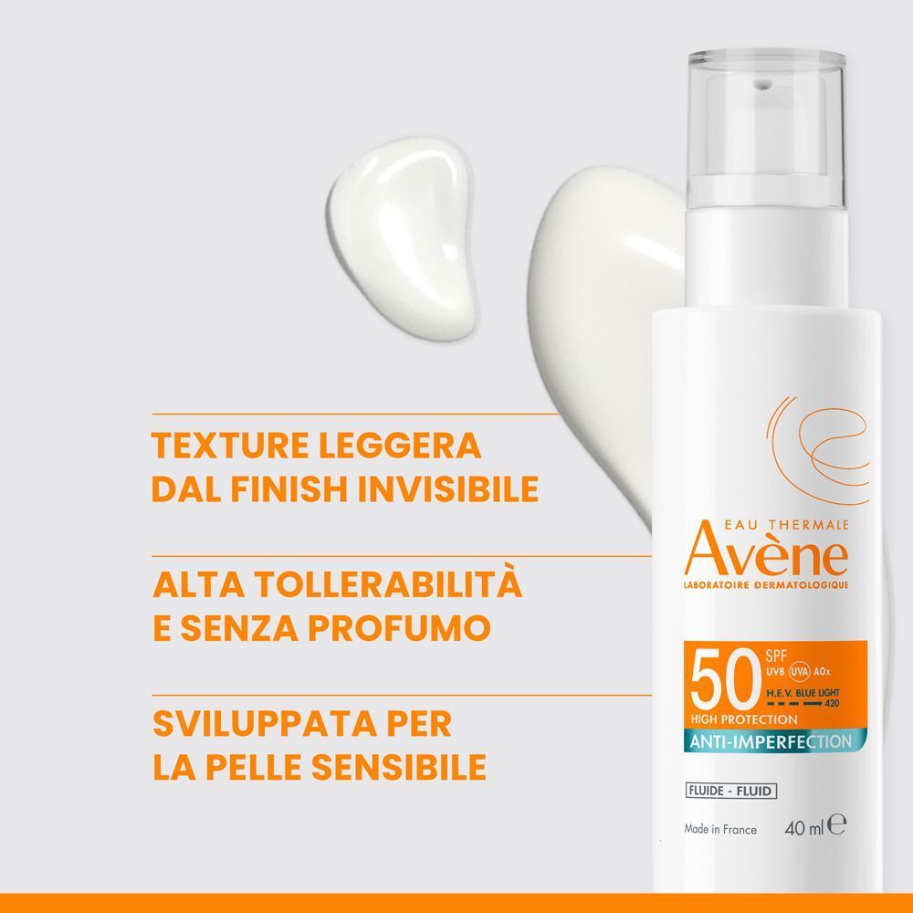 Fluido Eau Thermale Avène Anti-Imperfection SPF 50, texture leggera.