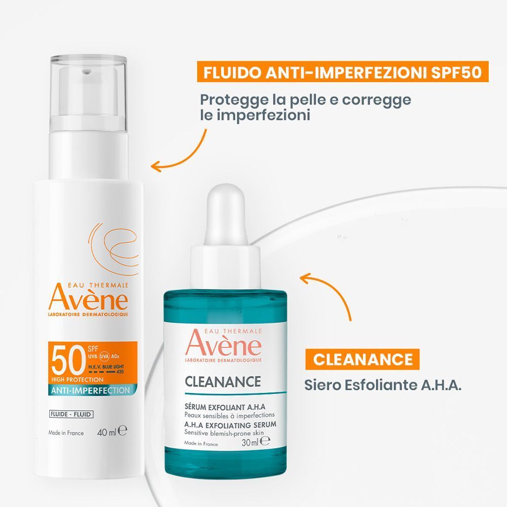 Fluido Eau Thermale Avène Anti-Imperfection SPF 50 e siero Cleanance.