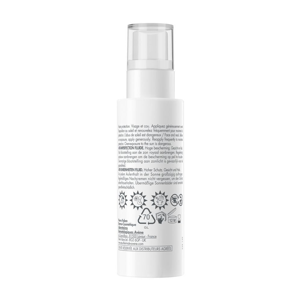 Retro di un flacone spray Eau Thermale Avène Anti-Imperfection SPF 50.