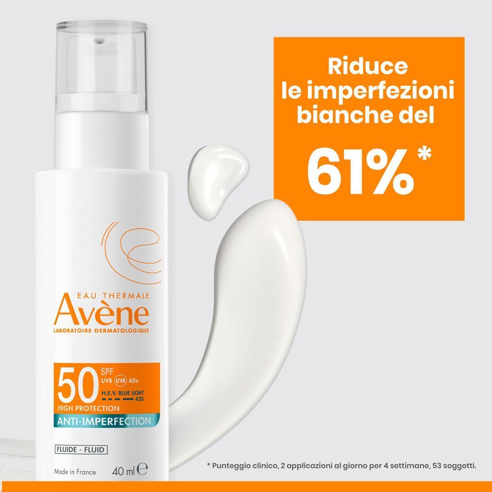Fluido solare Eau Thermale Avène SPF 50 riduce le imperfezioni bianche del 61%.