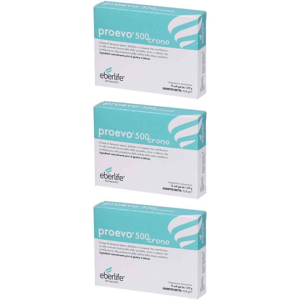 Tre scatole di Proevo 500 Crono con logo Eberlife. Ogni scatola contiene 20 capsule molli.