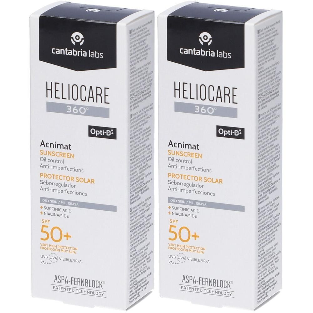 Due confezioni di Heliocare 360° Acnimat Protezione Solare SPF 50+ con tecnologia Opti-B e Fernblock.