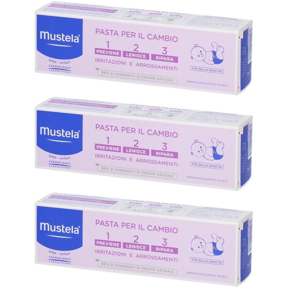 Tre confezioni di pasta per il cambio Mustela, imballaggio blu e viola. Mostra 'Pasta per il cambio' e '1 2 3'.