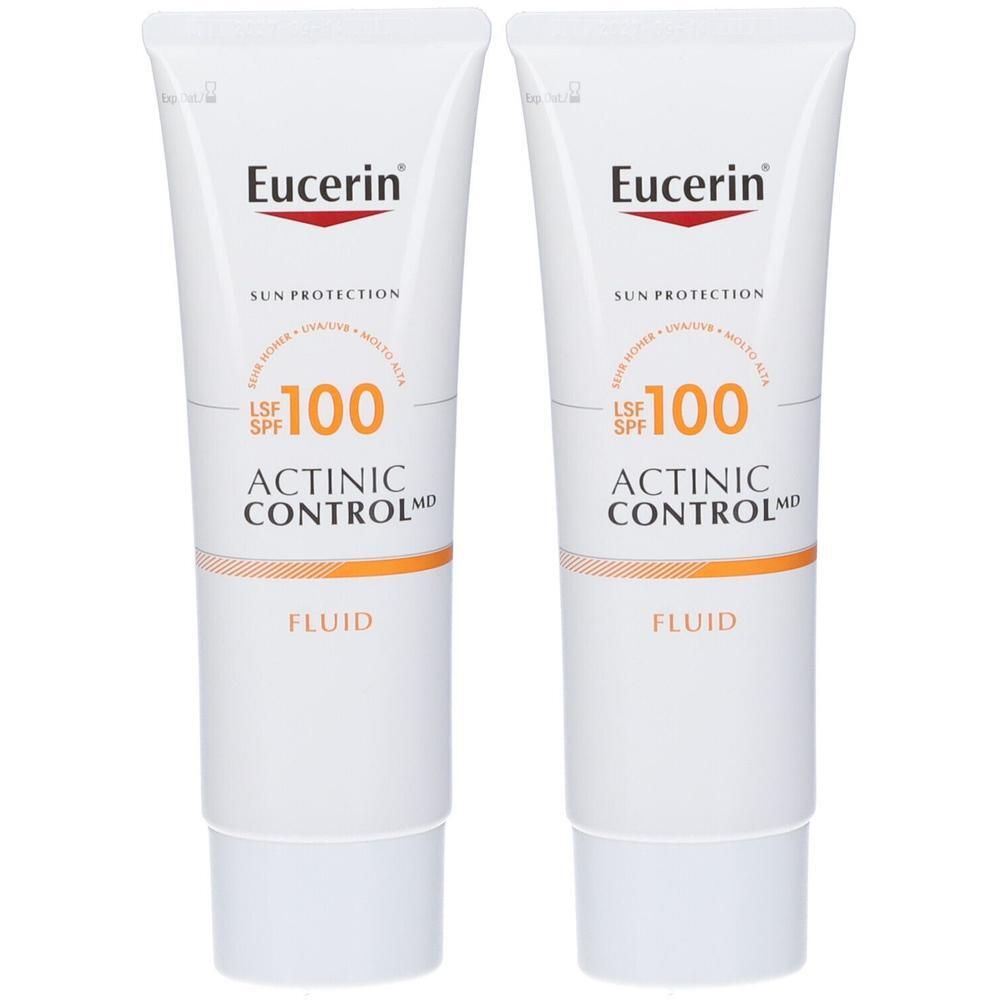 Due tubetti di fluido Eucerin Actinic Control con SPF 100.