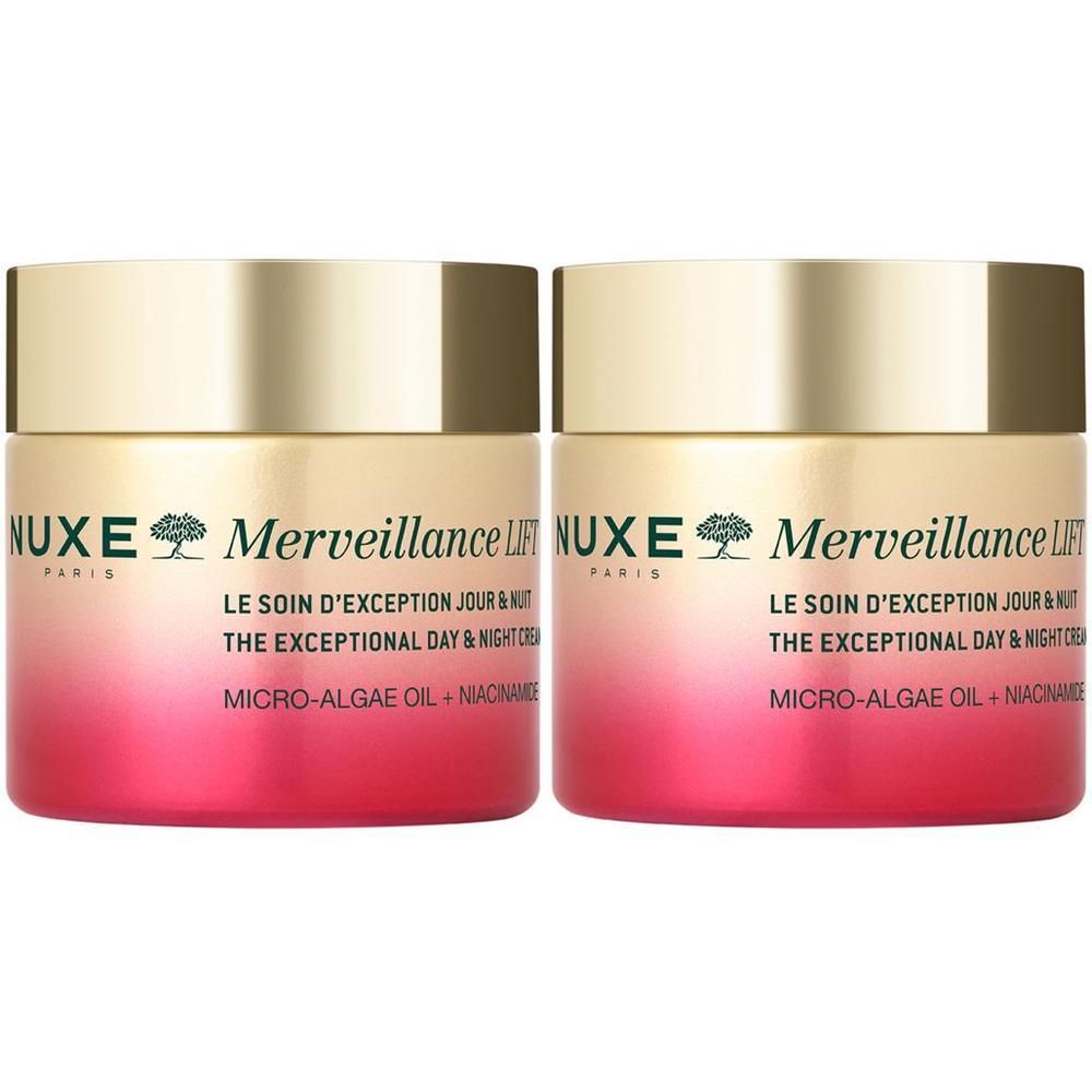 Due vasetti Nuxe Merveillance Lift con coperchio dorato e sfumatura dal rosa al rosso.