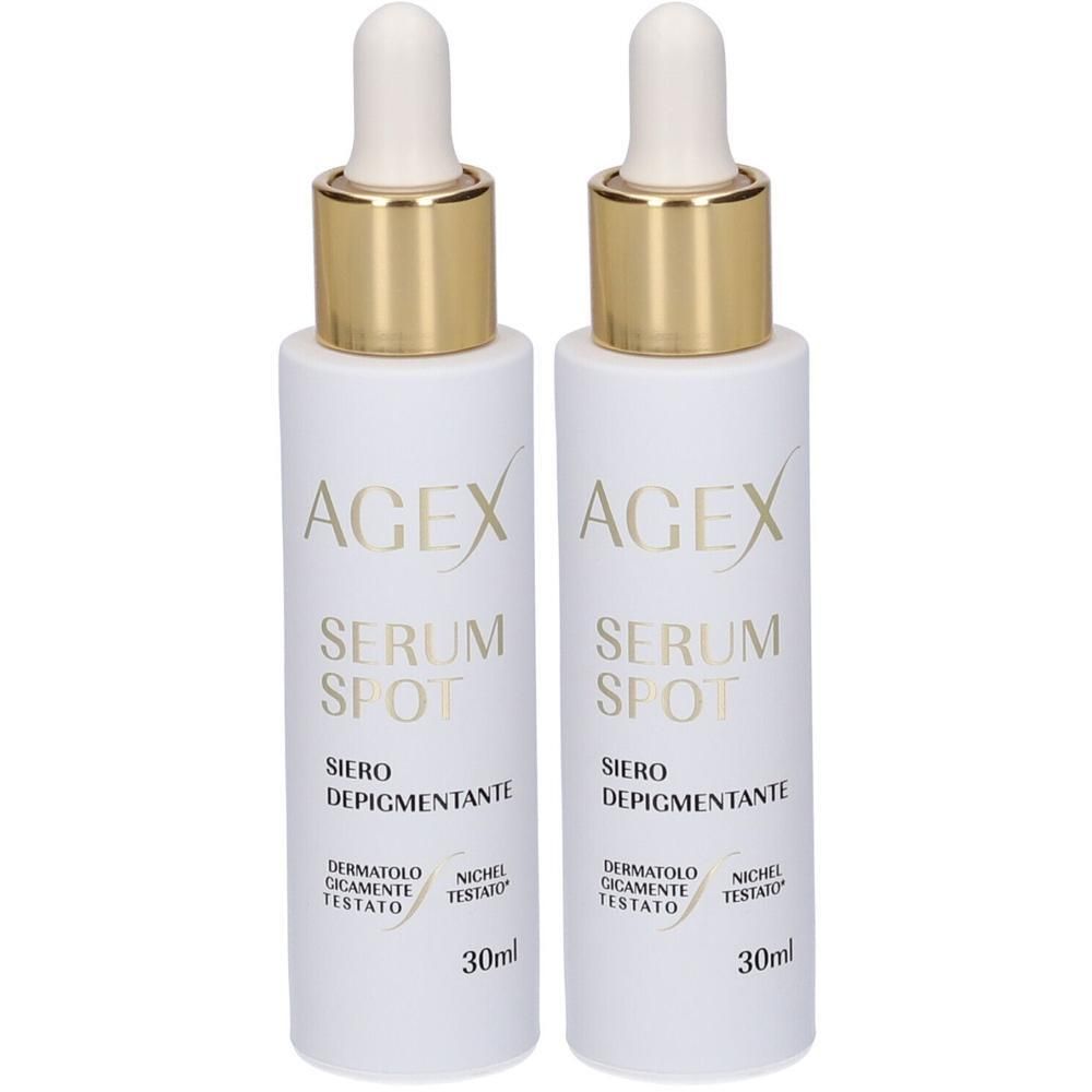 Due flaconi bianchi con contagocce, AGEX SERUM SPOT, Siero Depigmentante.