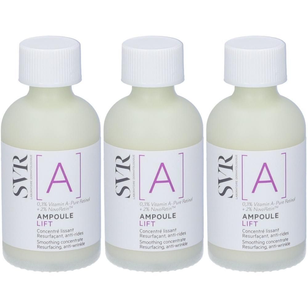 Tre flaconcini SVR Ampoule Lift con tappo bianco ed etichetta 'A'.
