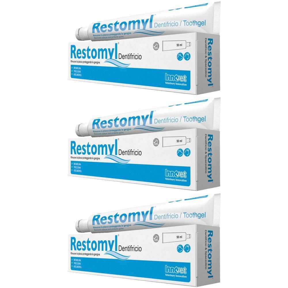 Tre tubetti e scatole di Restomyl Dentifricio / Toothgel, 50 ml.