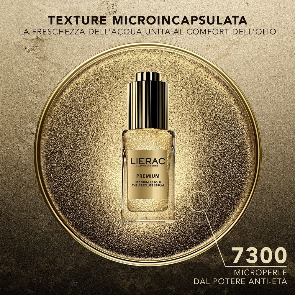 Siero Lierac Premium in contenitore dorato, testo su microincapsulazione e 7300 microperle.