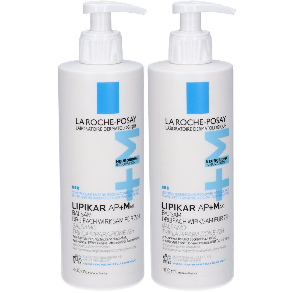 Due flaconi pompa bianchi La Roche-Posay Lipikar AP+M Balsamo con accenti blu.