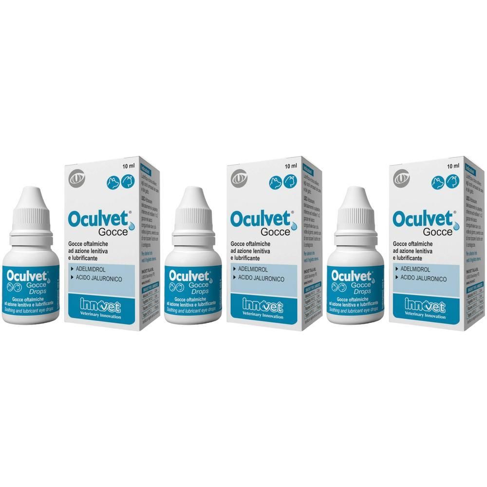 Tre confezioni di gocce oculari Oculvet, ciascuna da 10 ml.