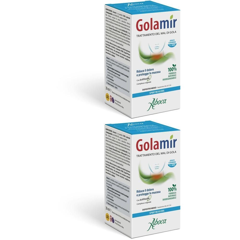 Due confezioni di Golamir Spray No Alcool, entrambe con informazioni sul prodotto e logo Aboca.