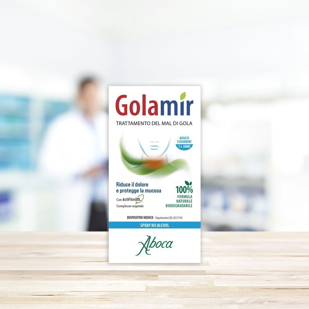 Fronte di una confezione di Golamir Spray No Alcool con logo Aboca e informazioni sulla salute.