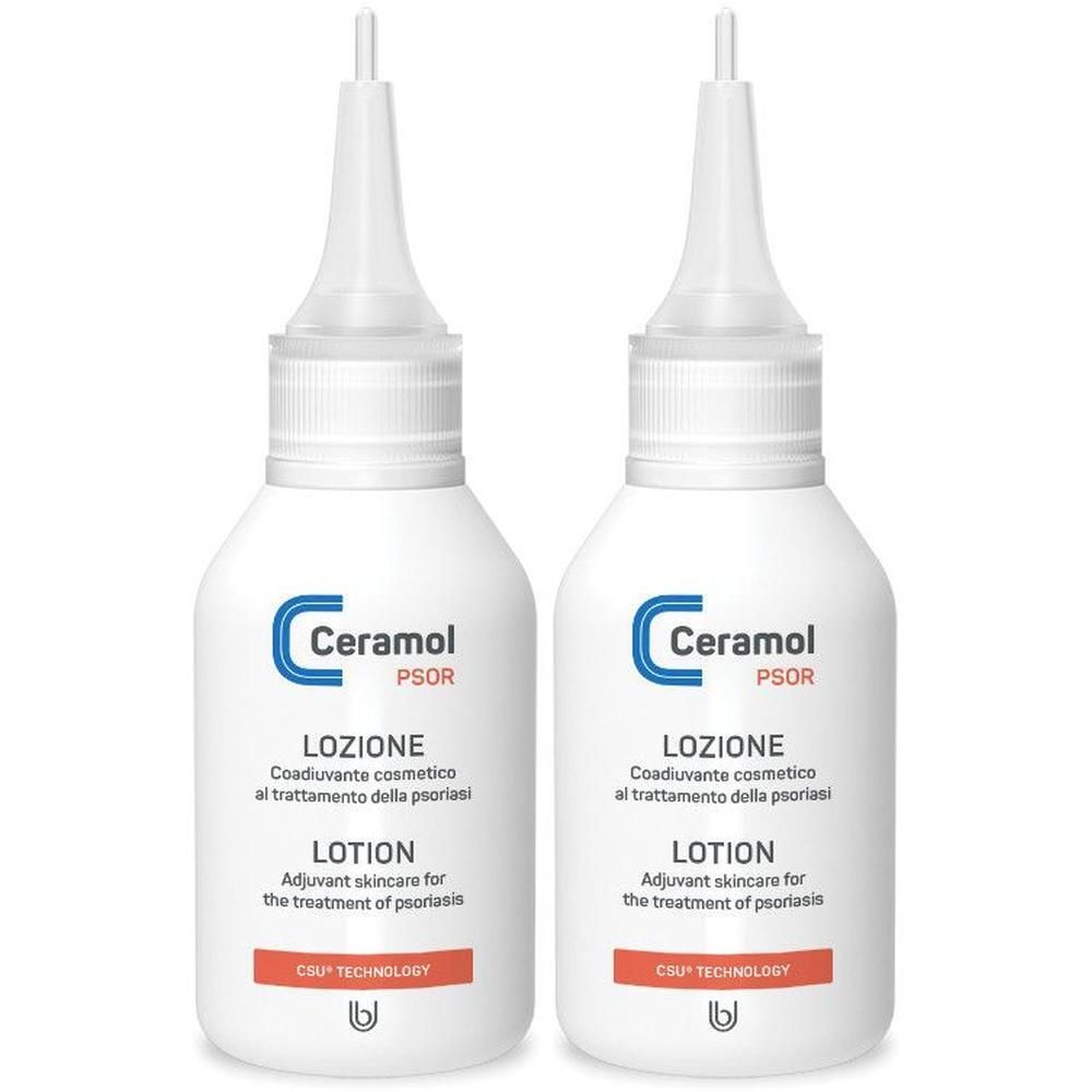 Due flaconi bianchi di lozione Ceramol con punta applicatrice.