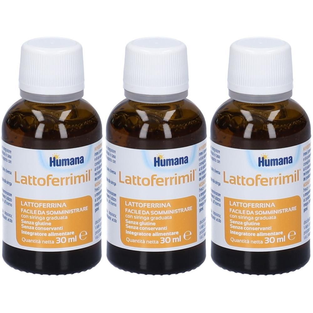 Tre flaconi di Lattoferrimil da 30 ml ciascuno. Flaconi in vetro marrone con tappo a vite bianco ed etichetta arancione.