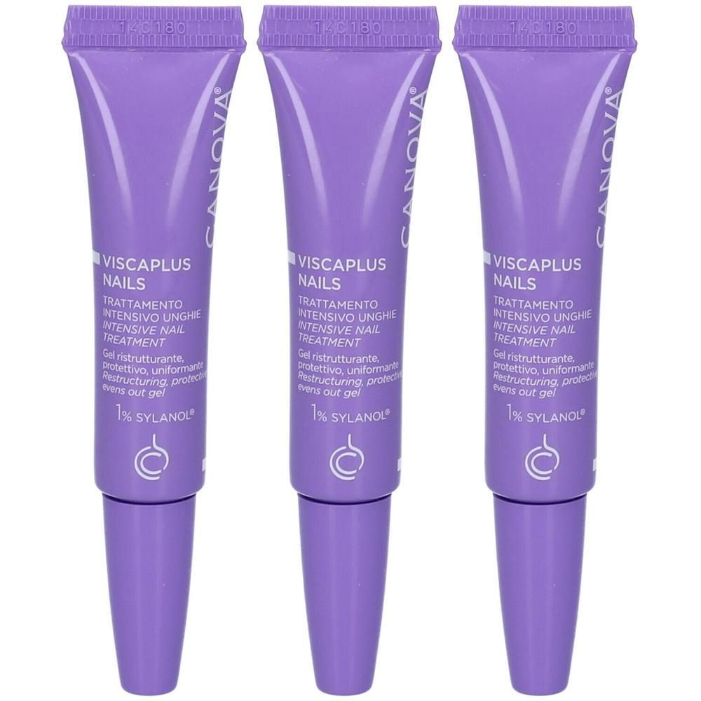 Tre tubetti viola Canova Viscaplus Nails, trattamento intensivo per unghie.