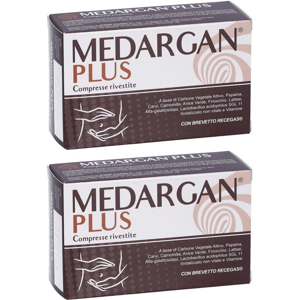 Due confezioni di MEDARGAN PLUS, compresse rivestite. Scatola in cartone con informazioni sul prodotto e illustrazione.