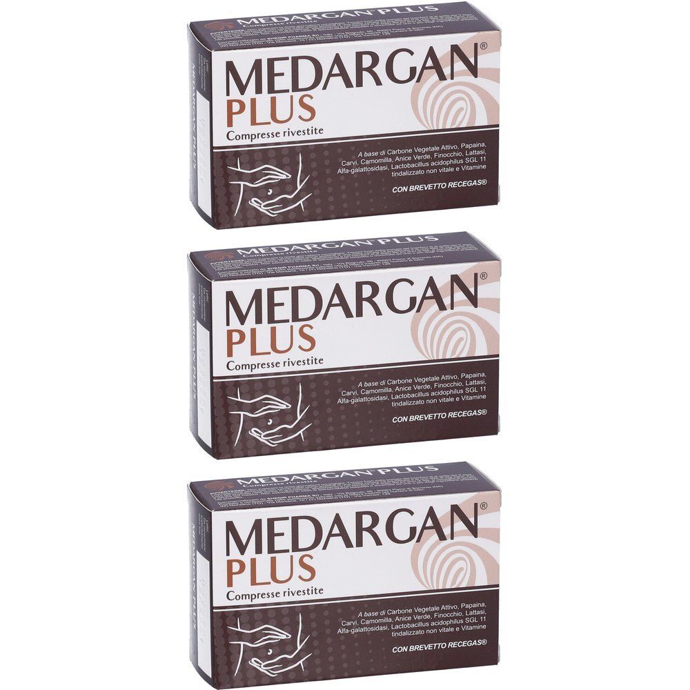 Tre confezioni di MEDARGAN PLUS, compresse rivestite. Confezione marrone scuro con scritte bianche e dorate.
