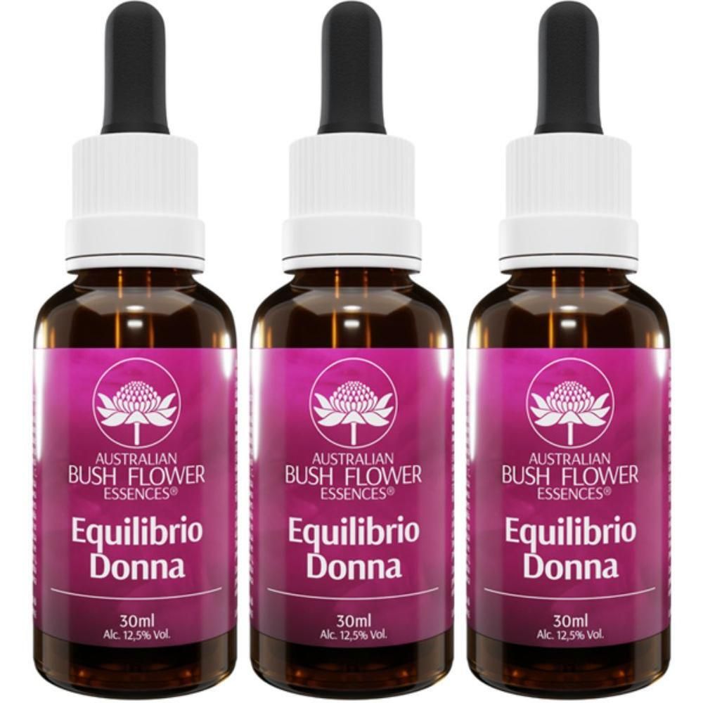 Tre flaconi Equilibrio Donna di Australian Bush Flower Essences con contagocce.
