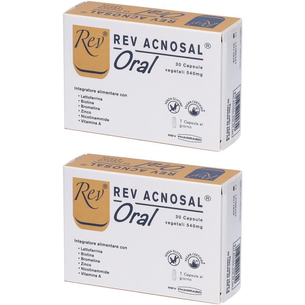 Due confezioni di Rev Acnosal Oral, ciascuna da 30 capsule vegetali.