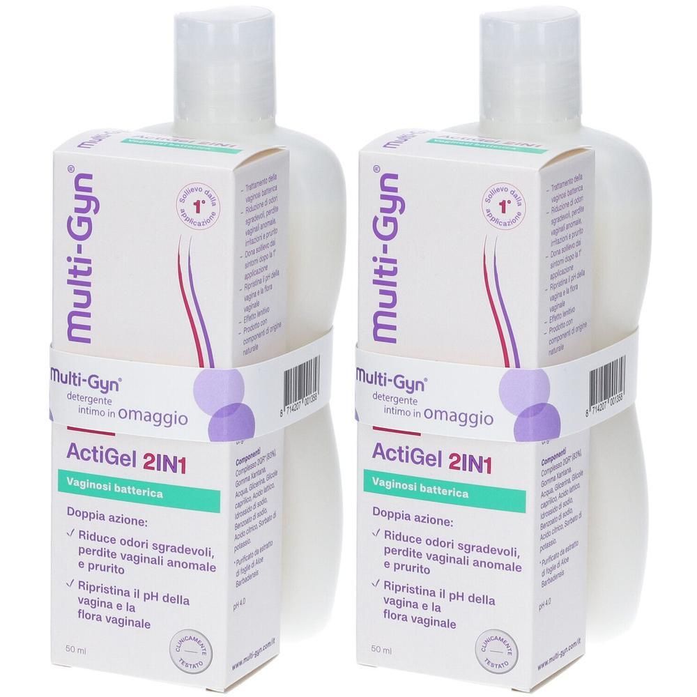 Due flaconi di Multi-Gyn ActiGel 2IN1 con confezione. Gel intimo per alleviare il disagio.