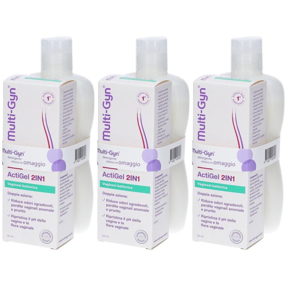 Tre flaconi di Multi-Gyn ActiGel 2IN1 con confezione. Ogni pacco mostra il nome del marchio e le informazioni sul prodotto.