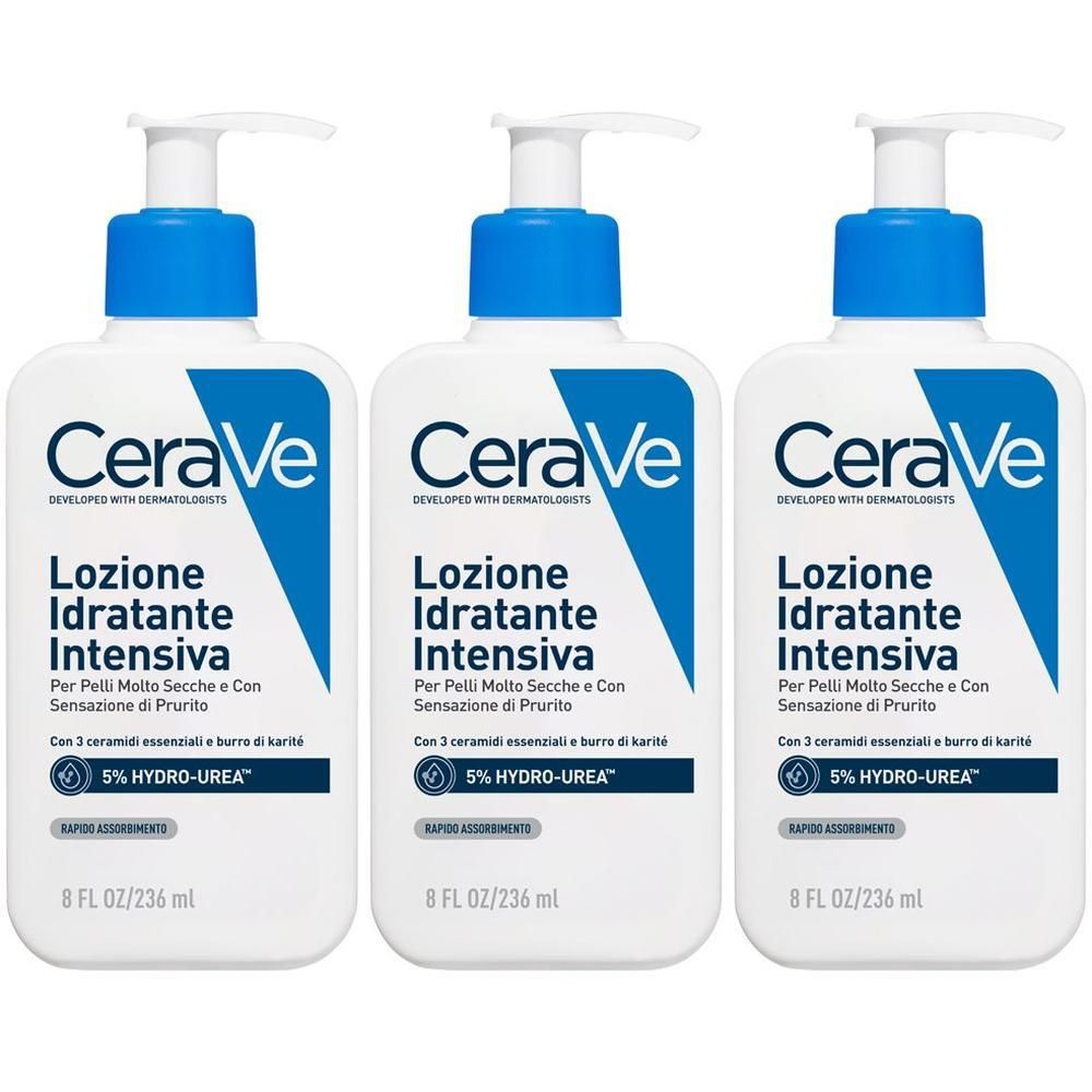 Tre flaconi di CeraVe Lozione Idratante Intensiva con dispenser a pompa.