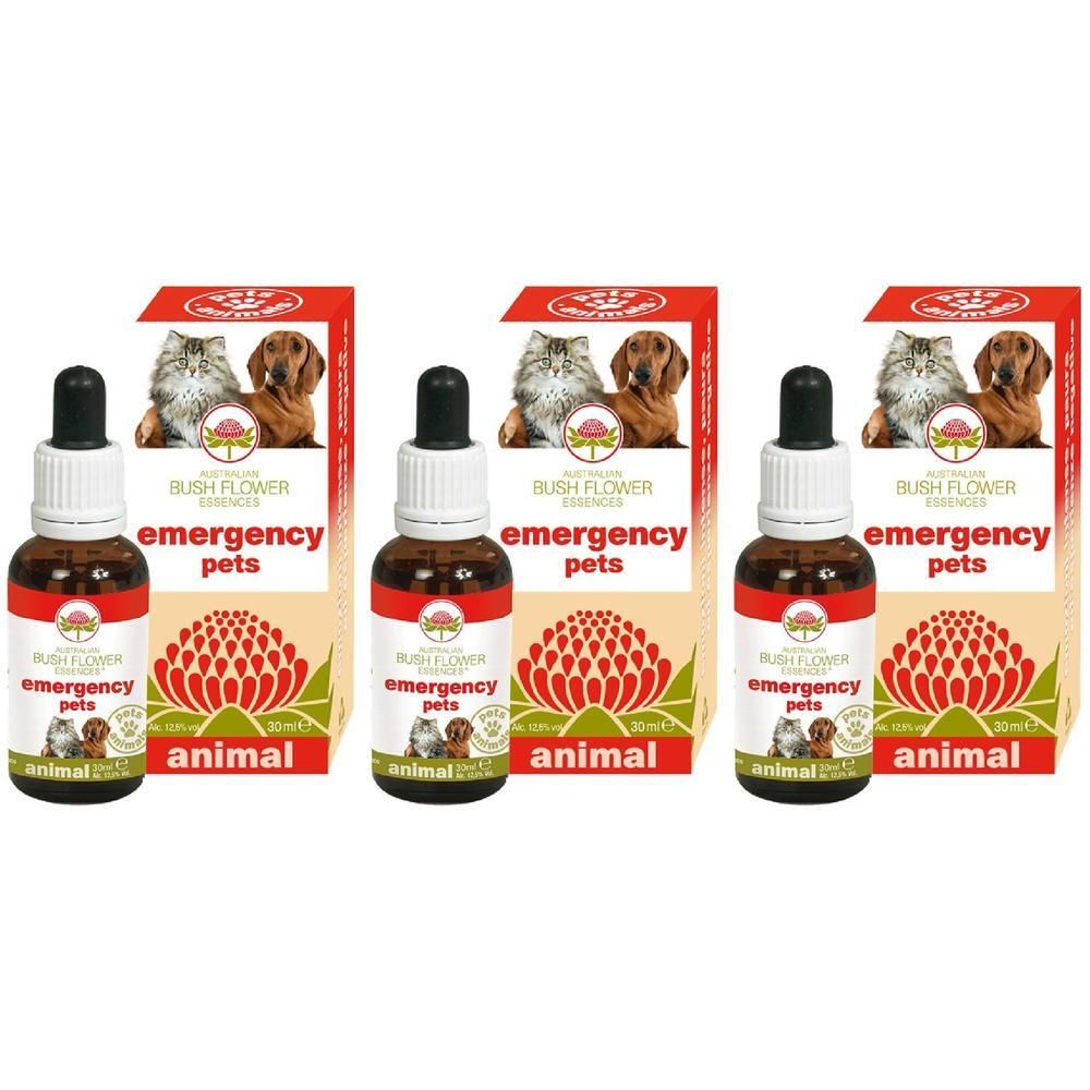 Tre flaconi Bush Flower Essences Emergency Pets, 30ml.