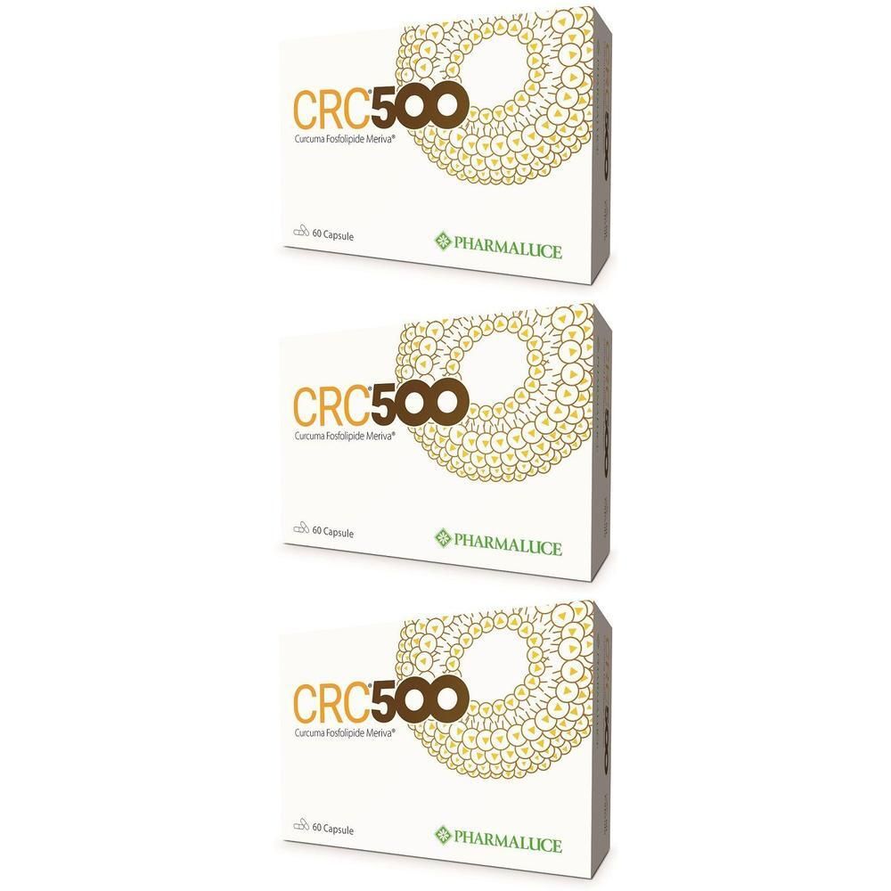 Tre confezioni CRC500 da 60 capsule ciascuna, con logo Pharmalucce.