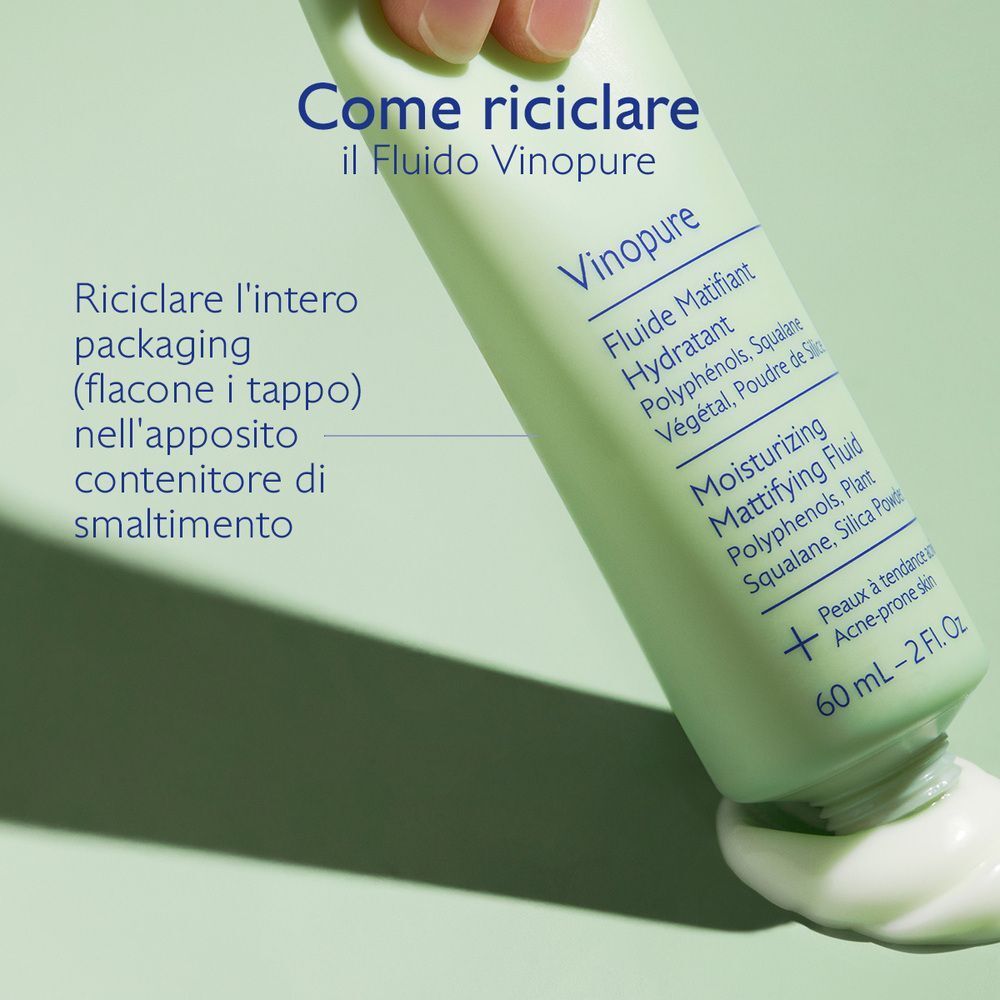Istruzioni per il riciclo del flacone e del tappo del Fluido Caudalie Vinopure.