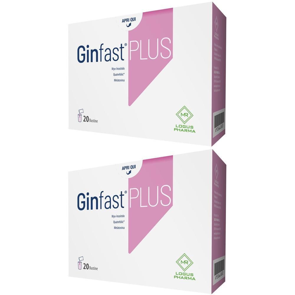 Due confezioni di Ginfast PLUS da 20 bustine ciascuna. Logo Logus Pharma.
