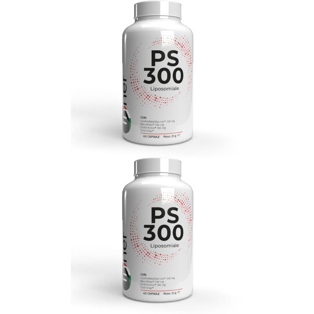 Due flaconi bianchi con etichette PS 300 Liposomiale, vista frontale.