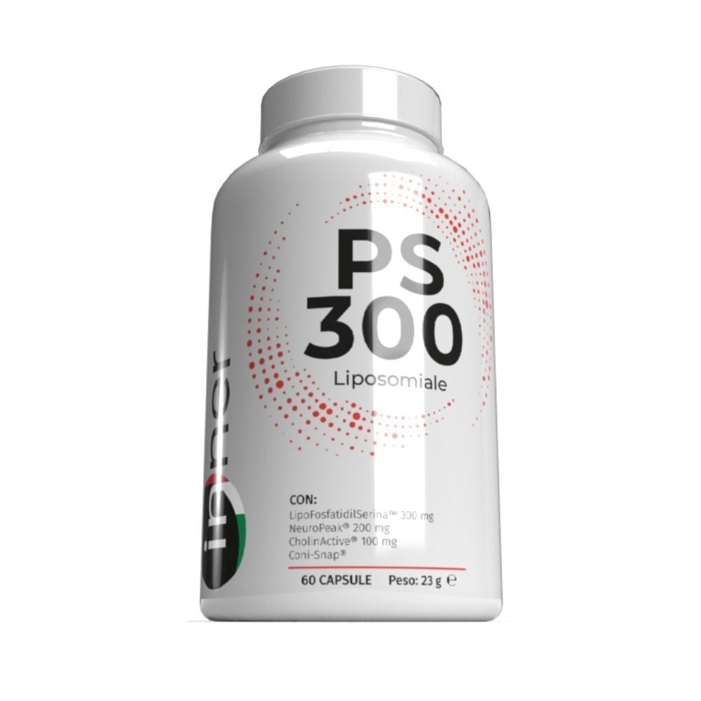 Flacone bianco con etichetta PS 300 Liposomiale, informazioni nutrizionali e numero di capsule.