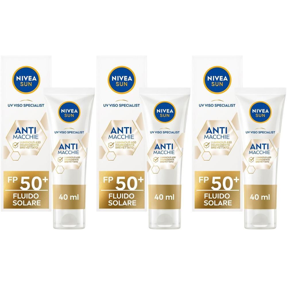 Tre tubi di Nivea Sun Anti-Macchie Luminous630 Fluido Solare Viso, FP 50+, 40 ml.