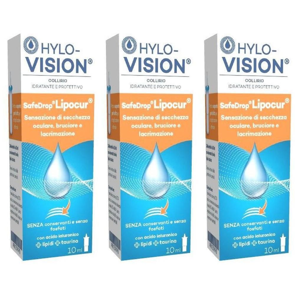Tre confezioni di collirio Hylo-Vision SafeDrop Lipocur, 10ml.