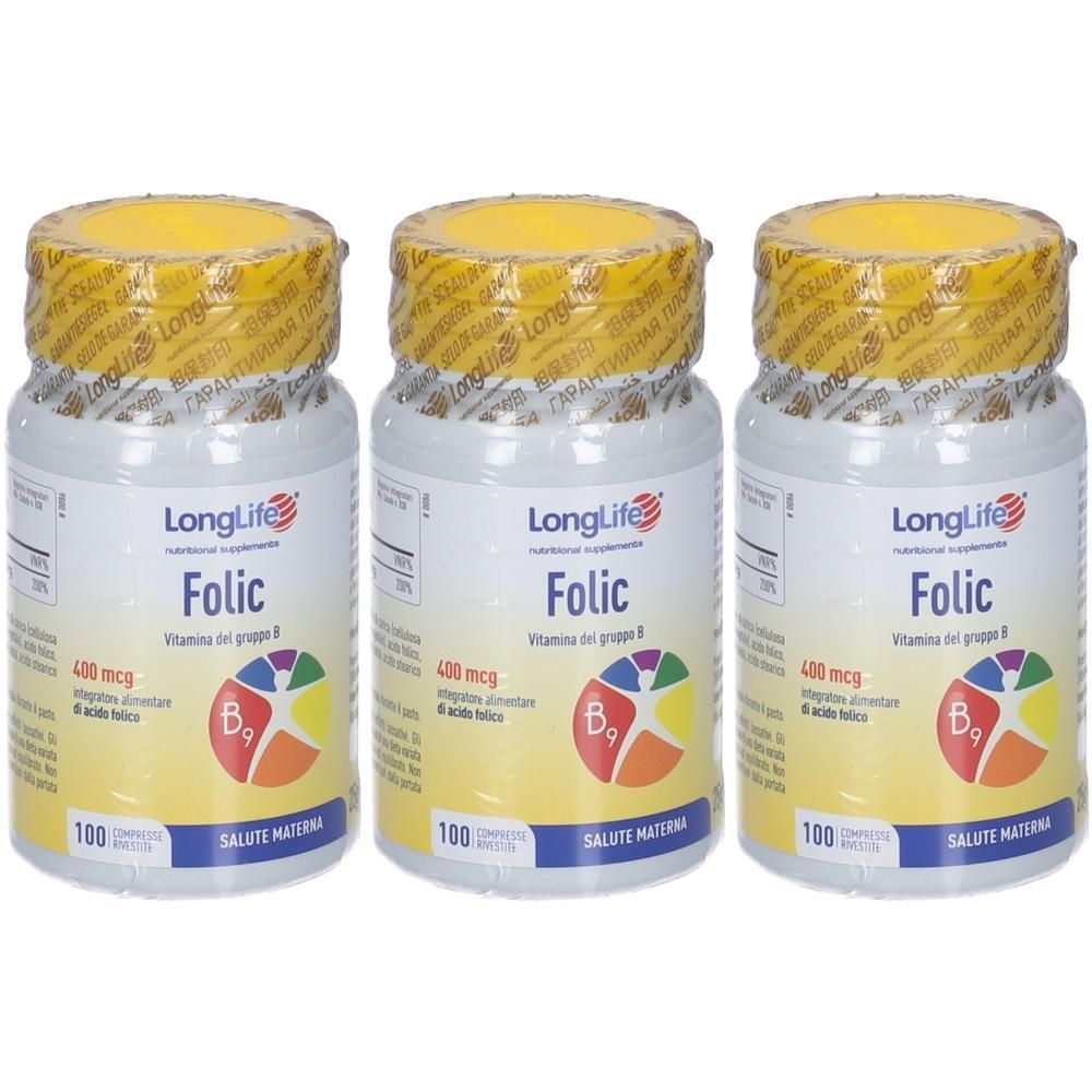 Tre flaconi di LongLife Folic da 100 compresse ciascuno. Tappo giallo, flacone bianco con etichetta gialla.