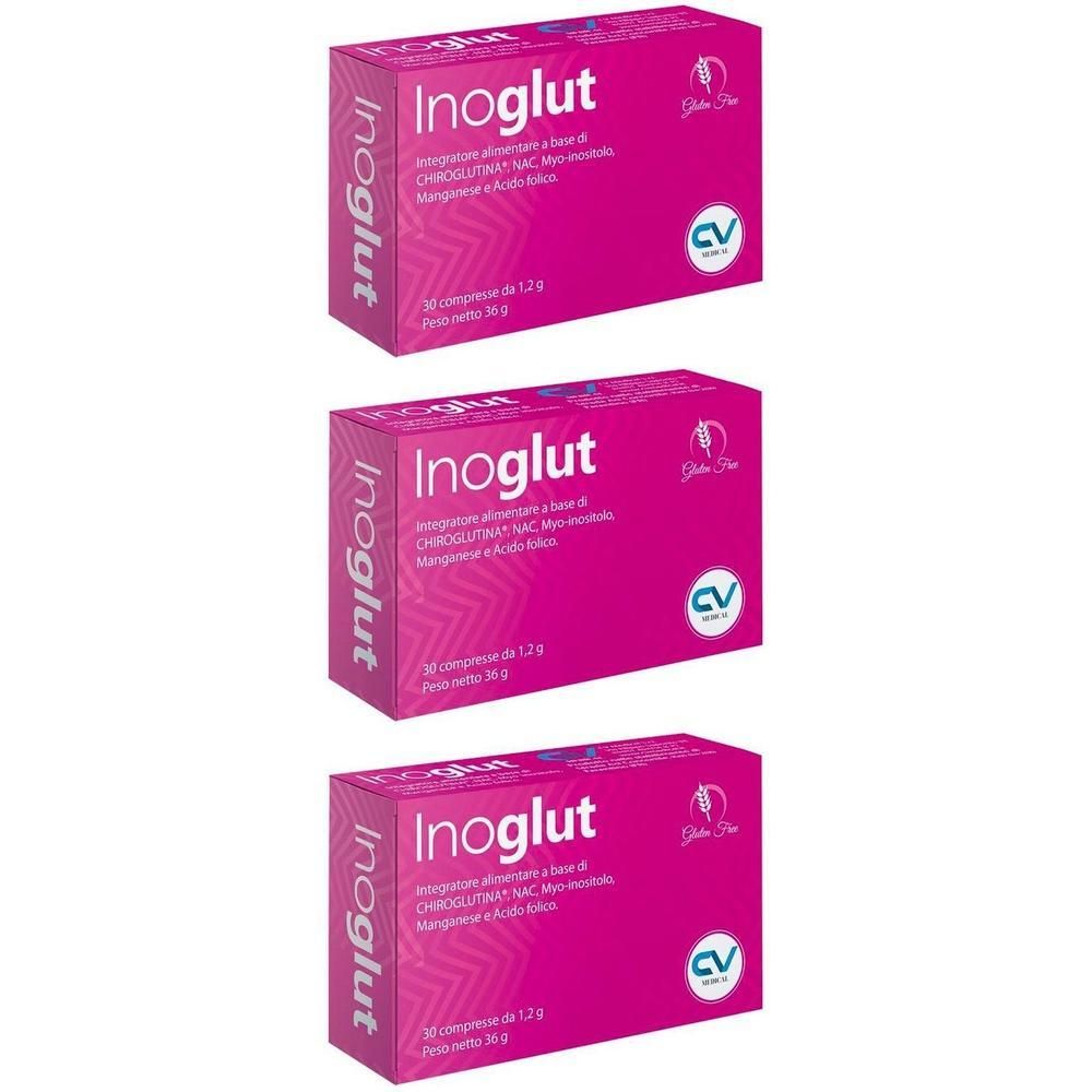 Tre confezioni di compresse Inoglut rosa. Ogni confezione contiene 30 compresse da 1,2 g.