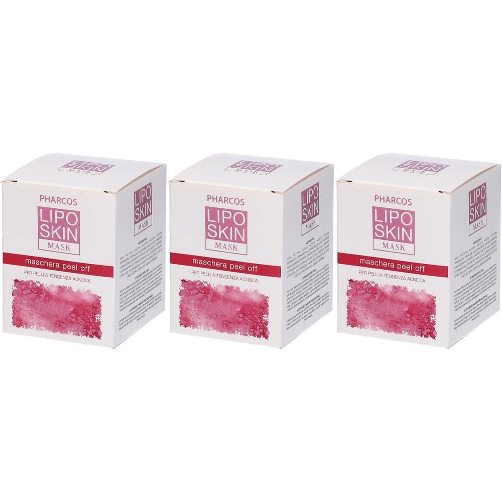 Tre maschere Pharcos Lipo Skin Mask Peel Off in confezione bianca con accenti rosa.