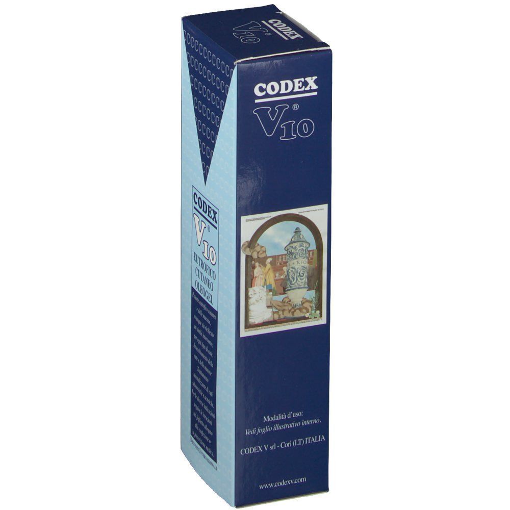 Confezione per Codex V10, blu con scritte bianche e un'immagine.