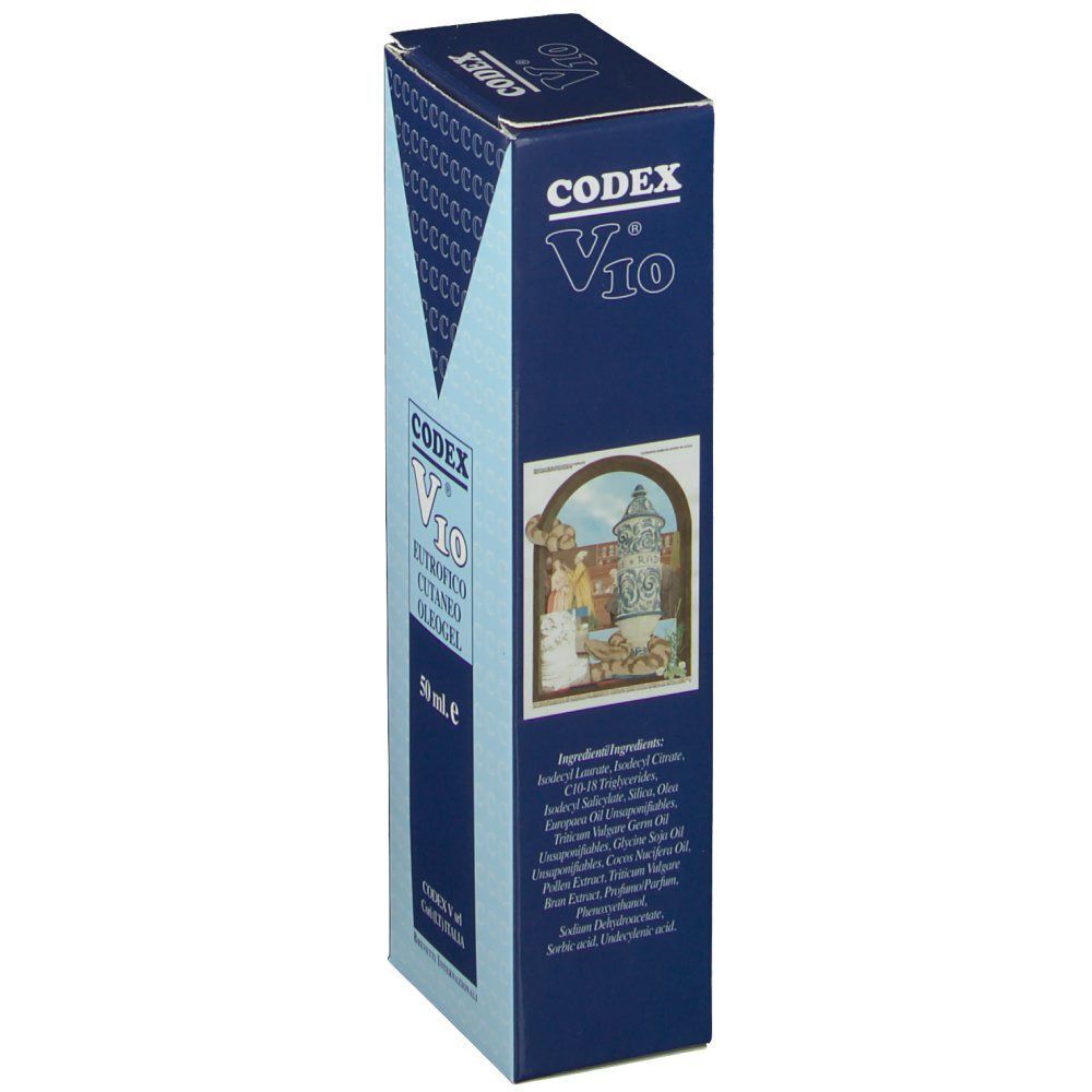 Confezione blu scuro per Codex V10 da 50ml. Include un'illustrazione di un edificio storico.