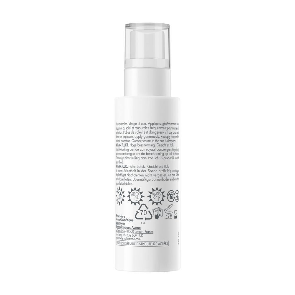 Retro di un flacone Eau Thermale Avène FLUIDO ANTI-ETÀ SPF 50 con istruzioni e simboli.