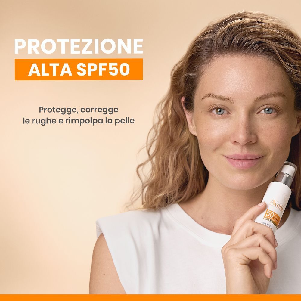 Una donna con Eau Thermale Avène Fluido Anti-Età SPF 50, con testo sulla protezione della pelle.