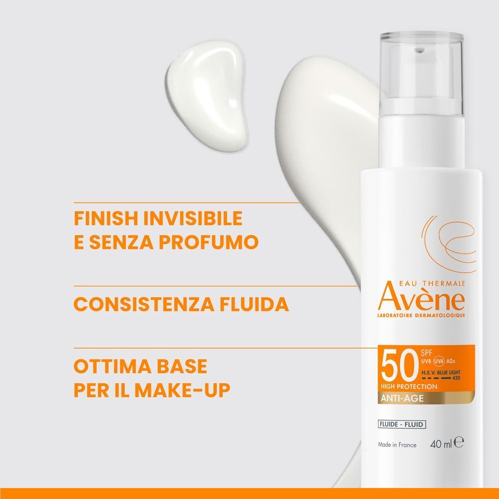 Eau Thermale Avène Fluido Anti-Età SPF 50, con testo su finish invisibile e consistenza fluida.