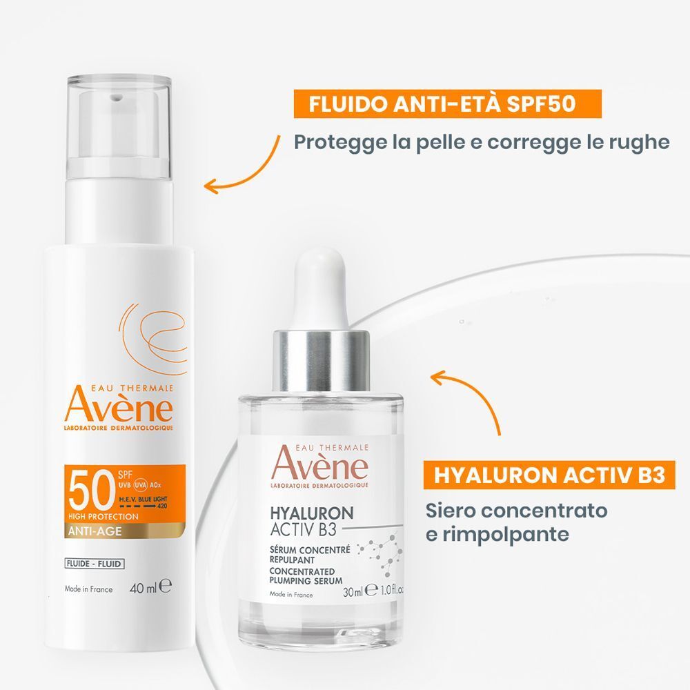 Eau Thermale Avène SPF 50 e Siero Hyaluron Activ B3.