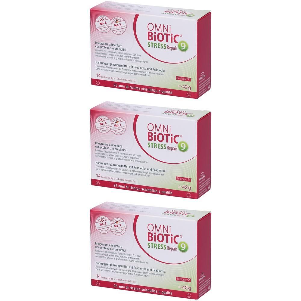 Tre confezioni Omni Biotic Stress Repair da 14 bustine ciascuna.