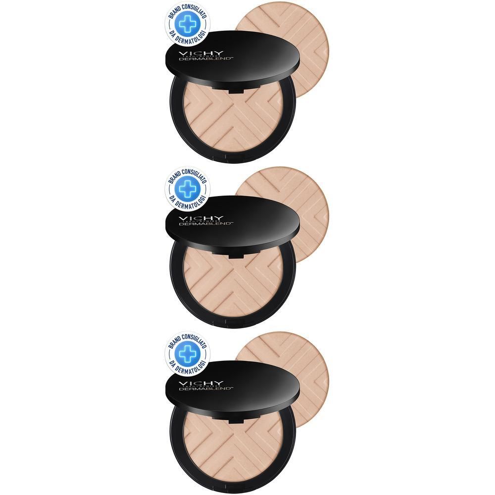 Vichy Dermablend cipria compatta beige chiaro, motivo a rilievo. Coperchio nero con logo.