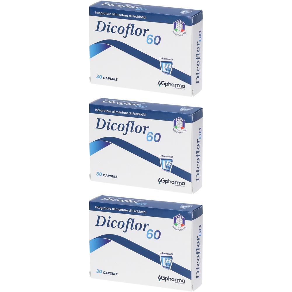 Tre scatole di Dicoflor 60, ciascuna contenente 30 capsule. Logo Pharma e nome del prodotto sul fronte.